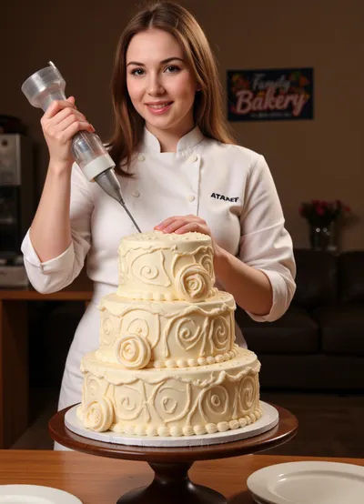 Photography
Cinematic photography {A sexy Italian pastry chef decorates an elaborate three-tiered cake, creating beautiful roses and patterns with cream using a pastry syringe against the backdrop of a family bakery with a sign that reads "Family Bakery, " the process of work, dynamics} 35mm photography, film, bokeh, professional, 4k, high detail, cinematic format, shallow depth of field, film grain, high budget, epic, mood