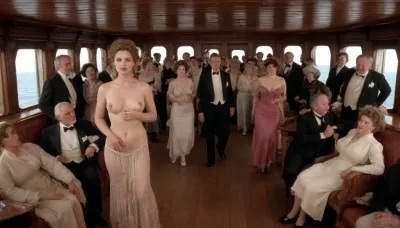 Wide expansive view of a interior of a expensive passenger ship with a group well dressed old males and a few women with the females all partially dressed in 1019 period clothes and hair styles, breast’s and pussys exposed setting on wicker lounge of a large passenger ship like the titanic boat deck, open jacket revealing naked breasts and lifted skirts revealing hairy pussy’s on large ship deck view from afar other passengers lingering in the background dressed in 1900’s era some of the women have semi exposed breasts looking like a swingers meeting of the 1900’s