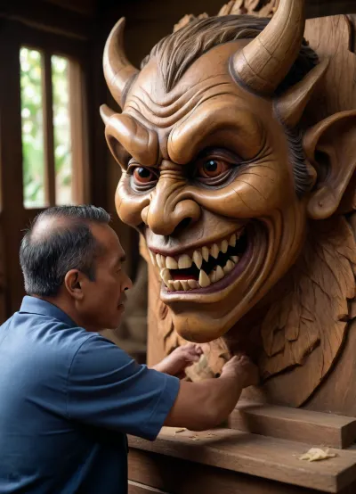 A hyper-realistic, cinematic close-up, middle-aged Indonesian woodcarver in Balinese workshop, carving a traditional demonic devil, the mask with bulging eyes and sharp fangs. Wood shavings and dust flying, captured in motion. Soft golden sunlight streaming through a wooden window, creating a chiaroscuro effect with deep shadows. Professional photography, highly detailed craftsmanship.