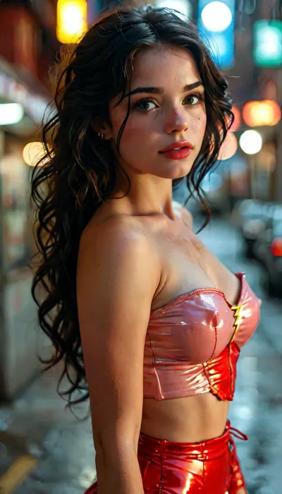 ASSIGNMENT, Create an award-winning image of a beautiful and sweet 20-year-old black-haired woman in a cinematic costume of The Flash from DC Comics, BREAK.

COSTUME, cinematic “The Flash” costume, (flash lightning bolt insignia:1.1), earrings, BREAK.

BODY, beautiful 20-year-old woman, flawless fair skin with radiant blush and lots of freckles, (creamy white skin), medium natural round breasts with enormous pale pink areolae and puffy erect nipples, narrow waist, very hairy bush, perfect ass, detailed realistic skin with pores and hair follicles, perfect hands, handslora, BREAK.

FACE, beautiful and sweet 20-year-old woman, sweet symmetrical facial features, large luminous expressive hazel eyes, long thick black lashes, strong eyebrows, pert nose, very full moist lips, shy smile, light makeup, eye contact, perfect teeth, BREAK.

HAIR, long dark jet-black curly hair in a loose half-up style, detailed hair, BREAK.

LOCATION, (bokeh), on the side of a highway at night with lightning in the background, BREAK.

POSE, standing, hero shot, central focus, BREAK.

AESTHETIC, score_9, score_8_up, score_7_up, solo, cinematic, 8K, hyper realistic, retro pinup, sexy as hell, BREAK.

TEMPLATES, but, braless, Wearing, clothes, that, make, sense, with, Braless>, 4ng3l, face, <lora:add-detail-xl:2>, <lora:BUT_SDXL_SHS:1>, <lora:MJ52:2>, <lora:bralessSDXL_v1_00022:.9>, <lora:SDXL_BetterFaces-LoRA_v1:2>
