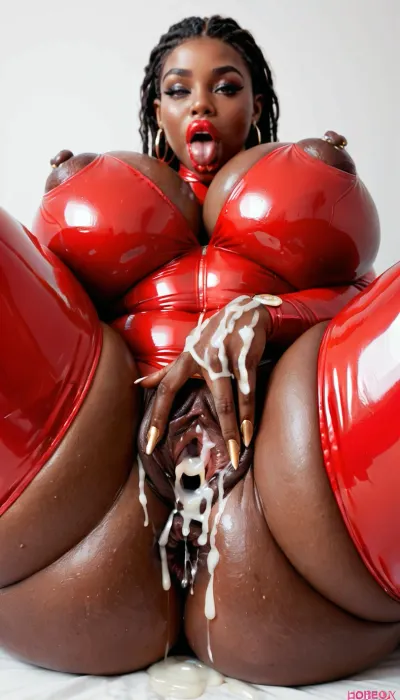 African BBW bimbo, very dark skin, huge giant tits, massive tits, enormous tits, thick, thick thighs, huge fat ass, latex suit, thick red lips, long straight hair, spread pussy, thick cock in asshole, cum, ahegao