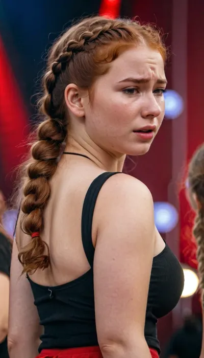 Beautiful girl 18 year, perfect skin, no makeup, natural red cheeks, sligth curvy body, girl sad, (girl crying:1.3), natural redhair girl, girl wears braided hairstyle, girl has curly hair, hair reaches her shoulders, wears her hair down, perfect breast, round and big breasted girl. Girl have skinny and slim waist. Girl have wide hips. Girl with round buttocks, girl have a well-defined and athlete body, super thick thigts. Girl dancing in the middle of a concert. Neón ligths and láser visibles. Girl wears a casual red blouse and a black skirt. 8k image, high Quality image. Extra detailed girl. Extra detailed backgrounds. Dinamic angle image, hdr, <lora:EnvyThiccXL02:1.2>, <lora:Microwaist_XL_v01:1.2>