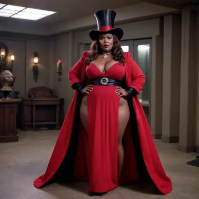 very dark skin Klingon, Klingon woman's, plump bbw type woman, huge east west type breasts, thick thighs, thick hips, big bottom, wearing a long red gown, wearing a black tall top hat, full body image, kling0n, alien, forehead, ridges, brown, skin, nose, large, eyebrows, <lora:klingon_v1:1.5>