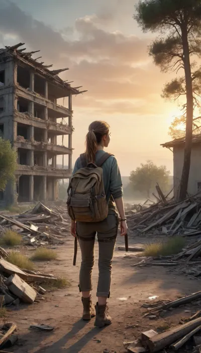 a watercolor with a post-apocalyptic world, with a partially destroyed building in the countryside, pionieer vegetation growing on it, threatening sunset with an strange light, pioneer vegetationand trees grows in rubble, a young woman with a ponytail arriving on the scene with his back to the camera, carrying an old backpack and wearing old ripped clothes