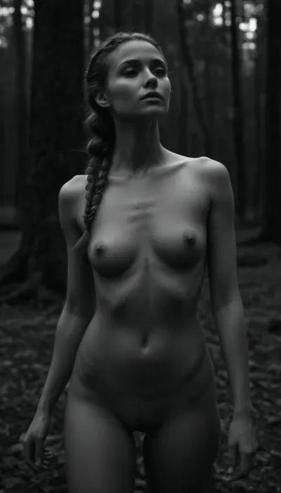 Sensual black and white fine art, slender and athletic build 25yo female standing serious, completely naked, exposed, barefoot, leaves on the ground, small natural boobs, detailed boobs, small nipples, sexy sculpted obliques, toned legs, upturned nose, scultped jawline, long messy braid, strands of hair falling across the face, looking to the viewer, shy, serious, shaved pussy, large labia, detailed pussy, soft side light, huge deep forest fading into black behind her, calm and intimate mood, peacefully, a moment of introspection, cinematic photography, ultra realistic, real skin texture, detailed shadows, frontal view, wide shot, full body in frame