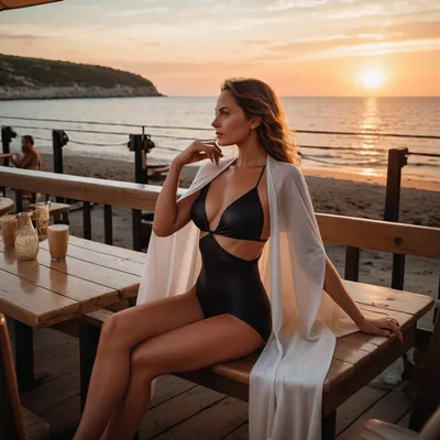 <lora:sophiadiamond_sdxl:.8>, she's sitting in a cafe by the sea, watching a beautiful sunset, wearing a light white cape and a black swimsuit