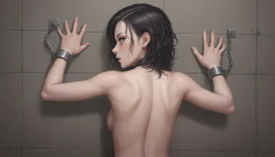 chained to wall, back against wall, <lora:jia_SDXL_2_:.8>, <lora:ratatatat74-000050:.8>, <lora:ahegao_sdxl_v4:1.6>, <lora:vocaloid_deco_27_xl:2>