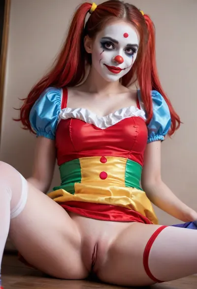 young beautiful girl 18 years old clown girl with big breasts, wearing a pulled-up dress without any underwear, laying on her back with spread legs, no panties, long striped socks, clown makeup, skinny, white face paint, detailed vagina, looking at the viewer, back long high twin multi-colored ponytails, excited, aroused, tack sharp, 4k, dslr
