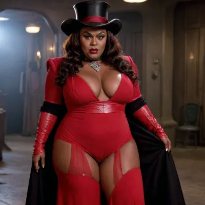 very dark skin Klingon, Klingon woman's, plump bbw type woman, huge east west type breasts, thick thighs, thick hips, big bottom, wearing a long red gown, wearing a black tall top hat, full body image, kling0n, alien, forehead, ridges, brown, skin, nose, large, eyebrows, <lora:klingon_v1:1.4>