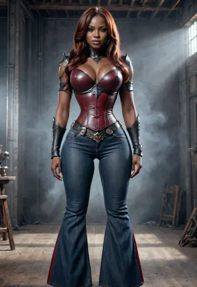 very dark skin Klingon tall curvy slim thick type woman, wearing a leather corset, big east west type breasts, full body image, Flared, jeans, pants, large, breasts, big, boobs, huge, tits, <lora:Flared_Jeans_XL_V2:1.2>, <lora:Leather_armor:1.2>, <lora:bombshell_v2:1.8>
