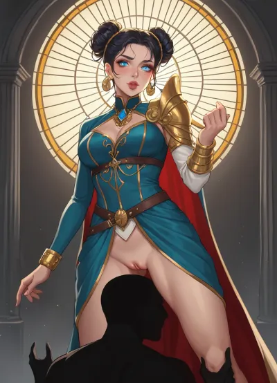 A breathtaking anime-style illustration of a 40-year-old Bene Gesserit, (Dune, Frank Herbert), executed in Yoshitaka Amano's signature style combined with the dynamic linework of Bones Studio. She stands in the majestic hall of the Bene Gesserit fortress on Wallach IX, her silhouette elongated and graceful, yet exuding an unwavering aura of power. Her face is striking—sharp, angular features, almond-shaped, luminous blue eyes that seem to pierce the viewer's soul, her pupils slightly slitted, hinting at her enhanced genetic makeup. Her lips are painted a deep, almost black, purple, and her skin has a slight, otherworldly pallor, as if it had been exposed to spices for too long. A young warrior kneels before the woman, performing cunnilingus on her. His tongue touches the woman's labia and clitoris.

Her hair is styled into a high, intricate bun, secured with ornate pins. She wears a traditional black Bene Gesserit robe, wide open, with flowing, asymmetrical sleeves, the fabric subtly billowing and adorned with luminous patterns along the seams. On her wrists are delicate Bene Gesserit bracelets.

The backdrop, tall arches of black marble veined with blue bioluminescence and stained glass. The floor is reflective obsidian. A sandstorm rages outside the windows.
Fine, ink-like contours with cel-shaded lighting create a sense of depth and texture. The color palette is cool and mysterious—predominantly black, deep blue, and violet, with accents of electric turquoise and spicy orange. The lighting is dramatic and directional, a single, moonlit source casts long shadows behind her.
Her expression is calculating and serene, but her fingers are slightly curled, as if ready to strike. The composition is dynamic yet balanced, the guiding lines of the architecture drawing the eye to her face, where true power resides. The image is meant to resemble a still from a legendary anime opening sequence, where every detail tells a story of power, secrecy, and the rigors of millennia of training.