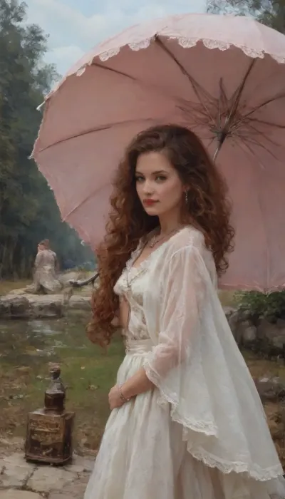 ((Oil painting:2)), masterpiece, Impressionist style, broad, thick brushstrokes, beautiful colors and light., (Lascivious pose with an umbrella:2), (makeup), early 19th century. Young redheaded student, very long curly red hair, dark green eyes, blood-red lipstick, sumptuous necklace, long necklace, earrings, bracelets, arm bracelet, belly chain, small breasts, shaved red pubic hair, wavy hair, hourglass figure, sensual and lascivious pose, in a park, near a lake. The lake reflects the warm hues of the sky, revealing water lilies and the silhouettes of trees on the opposite shore. The background, composed of tall, swaying grasses and tree silhouettes, contributes to the peaceful and serene atmosphere of the scene. A soft glow envelops the image, giving it a dreamlike quality. The scene, bathed in a warm, soft light with the peachy-orange and violet hues of a sunset, offers a dreamlike, impressionistic, and hyperrealistic tableau. She holds an umbrella over her shoulder, romantic, with wide hips, a wry smile, and long hair, reminiscent of Paul Cézanne, Claude Monet, Camille Pissarro, Édouard Manet, and Henri Matisse. bichu, oil, impressionist, painting, <lora:oil painting:2>, <lora:EldritchImpressionismXL1.5:2>