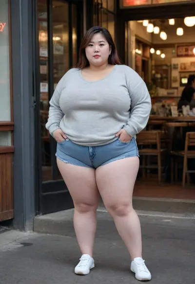 A 20 years, very obese, (300 lbs), Japanese girl outside a cafe. She is wearing a tight light gray sweater, acid washed denim shorts. She is playfully posing., bbw, venus, body, ass, <lora:Chubby BBW - XL:2>