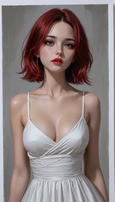 anime style digital painting, woman, (2/3 body:1.3), malevolent goddess, (makeup:1.3), (flowing dress:1), bombshell hair, red hair, French Roll, average figure, traditional, media, <lora:EnvyAnimeDigitalPaintingXL01:.7>, <lora:style60-llustrious:.8>