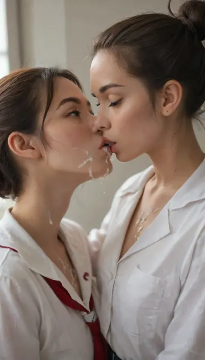 2 twin Asian girls kissing. 1st girl with red hair bun and 2nd girl with brown ponytail, ((cum covered)), wearing school uniform