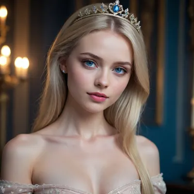 Dark Fantasy-Art, Elegant neckline, Flawless complexion, Small breasts. Long, straight blonde hair, Youthful appearance, Tall for a princess, Slender build, Pale pink lips, Fair skin, Royal bearing, Delicate features, Blue eyes