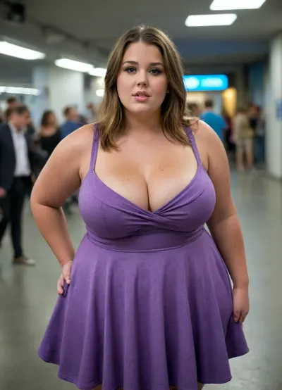 bbw, massive perfect round breasts, wearing a skater dress