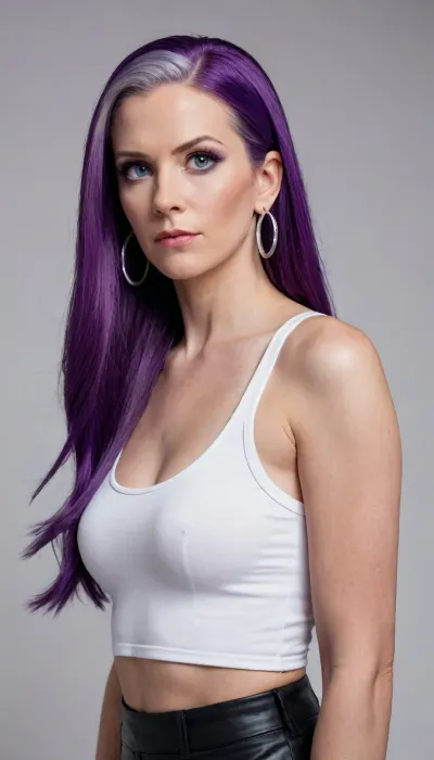 jessie, pokemon, 40yo, solo, team rocket, hair slicked back, long hair, earrings, blue eyes, white background, very long hair, simple background, purple hair, disgusting, massive body