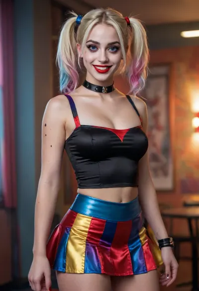 1girl, blonde, Harley, Quinn, smiling, (maintain original facial appearance), zoom in close to the viewer, upright posture, facing the viewer, without zooming in, silk micro skirt, <lora:Halloween Series_ Harley Quinn_epoch_10:.8>