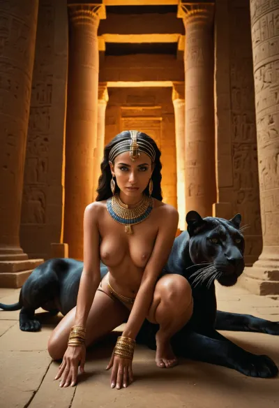 Masterpiece, Huge panther mating in ancient Egyptian temple with beautiful Egyptian priestess, allfours, doggystyle