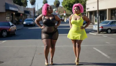 black ssbbw bbw hooker prostitute pink hair yellow neon see through neon yellow mesh webbing dress high heels hoop earrings pierced nose and lips gold Oakland outside streets daytime fruitvale soliciting cars the blade