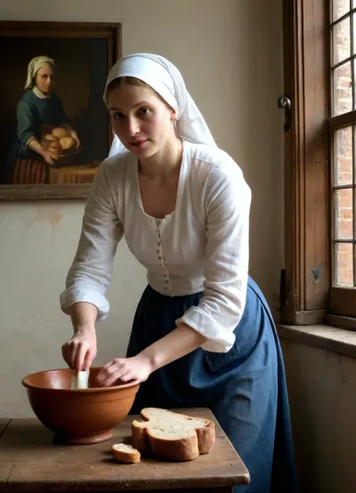 The scene is an identical to the painting “The Milkmaid” by Vermeer. Mature Woman in the same style white Dutch bonnet cap, full body view, (she is slender, half naked, topless with nóaked small flat tits), narrow hips, hairy pussy, xery small breasts, unbuttoned, exposed naled breasts, she stands by a table under a high window, she is pouring milk from a terracotta jug into a bowl on the table, her eyes are on the milk as it tumbles into the jar own bowl, the table is adorned with bread and a small black jug, Vermeer’s original painting hanging on the wall in the background, <lora:sagging-000015:.8>