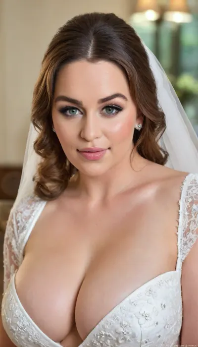 elite bride glorious busty huge white bride outfit with seductive Cleavage, real bbw bimbo, female milf seductive horny busty bride, housewife bride outfit, white bra, busty seductive milf 30 y.o., elite kitchen background, seductive, (busty cleavage bride:1.7), (long hair), (elegant hairstyle), bimbo round fake saggy huge tits, silicon fake huge massive giant boobs, seductive beautiful eyes, seductive viev, look at me, sexy lips, focus on face and seductive Cleavage with huge massive boobies, seductive Cleavage, wide cleavage, seductive horny smile, alluring yet dangerous, close up viev, dark sapphic glamour, look attt my eyes, dramatic lighting., Emilia, seductive blouse, massive boobs, close_up_detailed_shot_of1, <lora:Emilia:1.8>, <lora:emclarke_xl_3_standard_merger_29_50_035_065:1.8>, <lora:56a206e8-def0-49c2-b599-66069ac558c5.TA_trained:.8>, <lora:close_up_detailed_shot_of1:1.4>