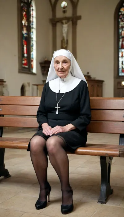 extremely Older elderly 90 years old granny with bigger extremely limp saggy wrinkled tits, extremely old face, wrinkled skin, sit on a bench, church, extremely High sandal Platform stilettos, sexy nun Outfit, black stockings