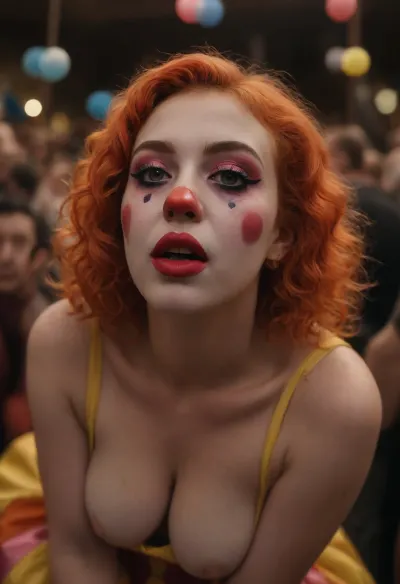 In the heart of the Circus Roncalli, under the grand big top, a 25-year-old female clown, make up with, (thick and expressive clown makeup:1.9), and, (a bright red curly wig:1.2), (leans slightly forward:1.2), (her lips pursed in a playful and focused expression as she blows air through a metallic ring:1.2), white thin gloves, .1.2, (creating a shimmering soap bubble:1.3), The translucent bubble, full of reflections, floats between the viewer and her face, allowing a glimpse of her expressive eyes and her playful, yet melancholic gaze. Her outfit includes an oversized bow tie, a too-small hat perched atop her head, and a loose, exaggerated jacket, all adding to her whimsical appearance. The background shows an eager audience seated on ascending tiers, blurred by the depth of field, capturing the enchanting circus atmosphere. The clown’s posture, her deep neckline exposes perfect tits, (perfect tits:1.3), and the delicate soap bubble together create a moment of surprising, subtle allure, <lora:old_circus_costumes:.9>, <lora:crowd_notrigger:1.2>, <lora:detailed_notrigger:1.4>, <lora:Cloudy_Style:.5>, <lora:RealDownblouseXL2:2>