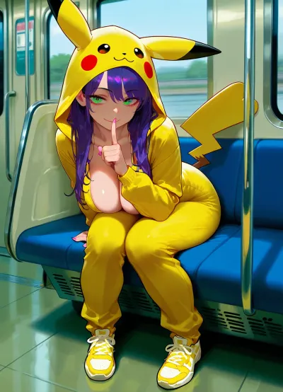 masterpiece, 4K best quality, high quality, absurdres, intricate details, very awa, depth of field, very aesthetic, rating, explicit, 1girl, long hair, purple hair, green eyes, medium breasts, pink nails, cleavage, finger to mouth, shushing, seductive smile, hood, sneakers, yellow shoes, cosplay, pikachu, (cosplay), (fake tail), kigurumi, onesie, sitting, leaning forward, looking at viewer, solo, open clothes, subway, train interior, blue chair, subway map, realistic, breast focus, full body, <lora:aesthetic_anime_v1s:1.2>