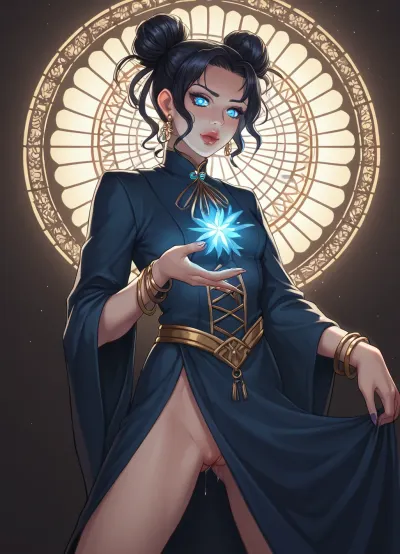 A breathtaking anime-style illustration of a 40-year-old Bene Gesserit, (Dune, Frank Herbert), executed in Yoshitaka Amano's signature style combined with the dynamic linework of Bones Studio. She stands in the majestic hall of the Bene Gesserit fortress on Wallach IX, her silhouette elongated and graceful, yet exuding an unwavering aura of power. Her face is striking—sharp, angular features, almond-shaped, luminous blue eyes that seem to pierce the viewer's soul, her pupils slightly slitted, hinting at her enhanced genetic makeup. Her lips are painted a deep, almost black, purple, and her skin has a slight, otherworldly pallor, as if it had been exposed to spices for too long. A young warrior kneels before the woman, performing cunnilingus on her. His tongue touches the woman's labia and clitoris.

Her hair is styled into a high, intricate bun, secured with ornate pins. She wears a traditional black Bene Gesserit robe, wide open, with flowing, asymmetrical sleeves, the fabric subtly billowing and adorned with luminous patterns along the seams. On her wrists are delicate Bene Gesserit bracelets.

The backdrop, tall arches of black marble veined with blue bioluminescence and stained glass. The floor is reflective obsidian. A sandstorm rages outside the windows.
Fine, ink-like contours with cel-shaded lighting create a sense of depth and texture. The color palette is cool and mysterious—predominantly black, deep blue, and violet, with accents of electric turquoise and spicy orange. The lighting is dramatic and directional, a single, moonlit source casts long shadows behind her.
Her expression is calculating and serene, but her fingers are slightly curled, as if ready to strike. The composition is dynamic yet balanced, the guiding lines of the architecture drawing the eye to her face, where true power resides. The image is meant to resemble a still from a legendary anime opening sequence, where every detail tells a story of power, secrecy, and the rigors of millennia of training.