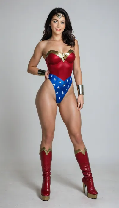 aidmaRealisticPeoplePhotograph, raw, lighting, overexposed, harsh, flash, score_9, score_8_up, score_7_up, score_6_up, lady is pretty korean girl, beautiful face, pale skin, fat cheeks, brown eyes, narrow shoulders, small feet, fake breasts, black long length hair, clenched fists on hips, (super slim upper body:1.3), (excessively bulky and muscular lower body:1.3), (muscular thighs:1.6), (thin hips:1.1), (thin calves:1.1), horny expression, (wicked smile:1.3), (cosplay, extremely sexy and short Wonder Woman classic suite, wonder woman tiara, Wonder Woman bracelets), (Wonder Woman boots, red, knee-high, golden platform, golden high heels), (wide golden stripe in around the boots), full view, full body in picture, the whole body in picture, photorealistic, hdri, portrait, realistic, super real, hyper realistic, ultra realistic, ((perfect eyes)), ((Ultimate realistic photo details)), (((dynamic sexy pose))), (simple white background:1.6), detailxl, igbebe, <lora:SDXLHighDetail_v6-000005:.8>, <lora:Rawfully Stylish v0.2_epoch_20:.8>, <lora:MJ52:.8>, <lora:attractive_notrigger:.8>, <lora:IG_Babe:.8>