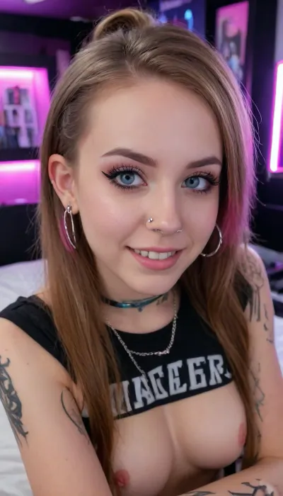 HD quality, 18 year old female, on her knees, beautiful gamer, long brown hair with with pink highlights, cheeky smile, (metal braces on teeth:1), (tattoos:1), medium size perky breast, pierced nipples, (piercing:1.8), (Inside gamer bedroom), (neon lighting), icy blue eyes, thick glitter heavy eyeshadow, wingtip eyeliner, (suntanned skin tone:1.3)