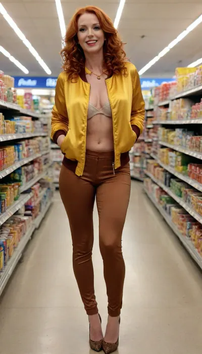 beautiful sexy slender 40 year old redhead woman, long, curly red orange hair, yellow blouson jacket, yellow bomber jacket, heavy golden necklace, satin spaghetti top with tiger print, elegant, golden rings on hands, big breast, hard nipples, red lips, sexy smile, black tight leggings, yellow high heels, on supermarkt check out, with brown paper back in hand, full body view, camel toe