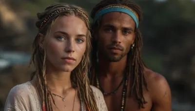 (Interracial couple sex in a serene morning setting:1.5), (full body view:1.6), of, (a 25-year-old Bohemian hippie woman:1.4), with blonde dreadlocks and shaved sides, (highly detailed dreadlocks and stubble:1.5), (perfectly rendered skin texture:1.5), (clear blue eyes with peaceful and intelligent expression:1.4), (slight depth of field, (a pearl headband and colorful, bohemian clothing:1.5), as she has joyful sex with her well build handsome African Guru:1.7), (well build handsome African man:1.8), (a glowing, mystical aura forms around her:1.5), filled with vibrant, ethereal colors and symbols, (aura of energy and light:1.5), (while squirting much:1.5), (orgasm:1.5), the camera slowly retreats, revealing the breathtaking Tibetan mountains in the background, (morning mist and dew:1.4), (squirting pussy:1.3), (gasping asshole:1.2), (doggystyle:1.7), detailed, penis, perfect penis, (maximum detail:1.5), (UHD 8K quality:1.5), novuschroma38, style, Inkstains, <lora:sunlight_str1-SDXL_v1-dim64-steps1691:.8>, <lora:MJ52:.8>, <lora:Cloudy_Style:1.3>, <lora:CBS_novuschroma38 style:.8>, <lora:SDXLInkStainsFinal:.8>