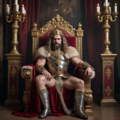 Russian Tsar, muscular body, royal clothing, sitting on a throne, sword in his left hand, scepter in his right, stern look, gloomy surroundings, two lions