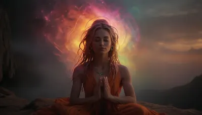 (warm ambient light:.5), Full body view of a slim, flat-chested blonde cute woman doing morning meditation against the breathtaking backdrop of the Tibetan mountains. silent smile, closed eyes, she is dressed in 70s hippie clothing, with dreadlocks, (perfect hands:1.4), (perfect fingers:1.4), perfect posture, and a perfect face. she looks invitingly hot, realistic matte skin, skin texture visible, as she meditates, (a glowing, mystical and breathtaking visible circled AURA forms around her entire body:1.8), (filled with vibrant and ethereal colors and symbols:1.6), (aura of energy and light:1.7), A morning mood, mist over the mountains, and morning dew. peacefully, (photorealistic:1.5), 8k, UHD, strong sidelight, contrast, tack sharp, slim, petite, shadows on skin, (face in ultra sharp focus), (high quality), (face visible), RAW image, Canon EOS. R3, DSLR photo, best quality, (realistic skin, photo-realistic:1.2), ultra high res, UHD 8K, extreme realism, maximum detail, sunlight_str1, cloudy, smoke, atmospheric, clouds, fog, Artnthrmg, Aura, Jellyfish, Blue, eyes, Moon, Woman, Glow, <lora:sunlight_str1-SDXL_v1-dim64-steps1691:.8>, <lora:MJ52:.8>, <lora:Cloudy_Style:.9>, <lora:artfullyNETHERMAGE-000015:1.6>, <lora:Italian_girl:.8>