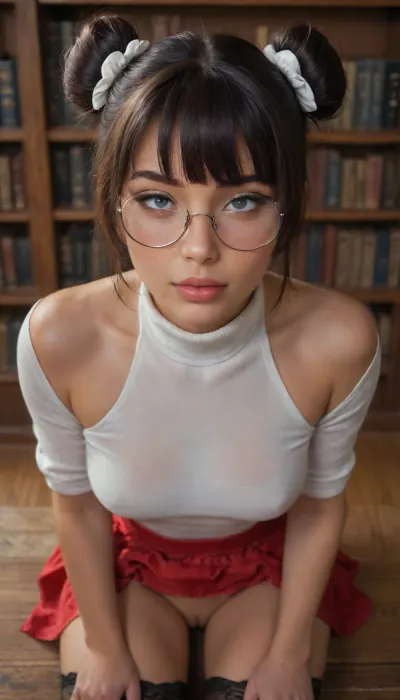 Kiriko, (looking at viewer like lewd girl expecting intense hard fuck:1.1), (incredibly horny and ready to be fucked:.5), (perfect lustful lips:1.2), (sultry eyes:1.2), (most beautiful sexy face:1.2), (sexy eyes:1.4), dark long eyelashes, (sexually suggestive on set of erotic photoshoot because she wants to have sex with viewer:1.6), (perfect adult body proportions:1.8), (inviting sexual perfection:1.4), (stunningly beautiful:1.6), (very horny slut:1.6), (her sexual pose accentuating sexual of her body:1.6), .
BREAK, (busty:.2), (curvy:.2), (tanned:.2), youthful complexion, (freckles:.2), (buns and bangs:2), (fully clothed:1.7), (round glasses:1.7), (turtleneck:1.5), (skirt:1.8), (stockings:1.7), (sitting with knees together:2), (library:1.6), athletic, tight body, slim neck, narrow chest and shoulders, small chest, narrow waist, (wide hips:1.1), muscular thighs, perfect shapely ass, (natural perfect shapely perky breasts:1.1), (tidy godpussy:1.8), (most beautiful girl:1.4), <lora:Natali:2>, <lora:Perfect_Eyes:2>, <lora:WildcardX-XL-Detail-Enhancer:2>