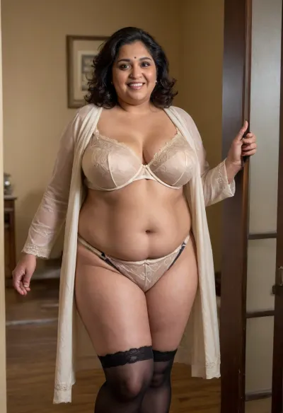 70 year old indian woman, (((((obese))))), (()), ((((((sheer lingerie)))))), (((sheer robe))), ((((stockings))), (((cleavage))), in bedroom doorway, full body, smiling, (((belly))), (((()))), ((((wrinkles)))), ((())))