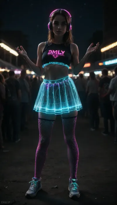 In a front view, a confident female DJ, 25 years old, stands focused at her turntables, (perfect hands:1.5), (perfect anatomy:1.5), (perfect skin:1.5), and, (perfect face:1.5), wearing headphones, (headphones:1.4), and dressed in eye-catching, glowing clothing that reacts under blacklight, (glowing clothing:1.5), her outfit includes a crop top, (glowing crop top:1.5), and a short skirt, (glowing skirt:1.5), with large-meshed fishnet stockings, (glowing fishnet stockings:1.5), and sneakers, (glowing sneakers:1.4), her look is alternative, joyful, and sexy, (alternative and sexy style:1.4), . Behind her, a large, cool neon branding, (neon branding:1.5), illuminates the scene, (dimly lit setting:1.4), with stars twinkling in the night sky, (starry night:1.4), . She is immersed in her work, (focused DJ:1.5), surrounded by glowing equipment and an open-air festival atmosphere, (open-air festival:1.4), with every piece of clothing glowing intensely, (intense glow:1.5), creating a visually stunning, hyper-realistic image, (maximum detail), (super realistic photo:1.4), DonMSp3ctr4lXL, neon_style, <lora:DonMSp3ctr4lXL-000008:1.6>, <lora:dark:.9>, <lora:detailed_notrigger:1.9>, <lora:SDXLFaeTastic2400:1.8>, <lora:Neon_Style_XL:1.6>