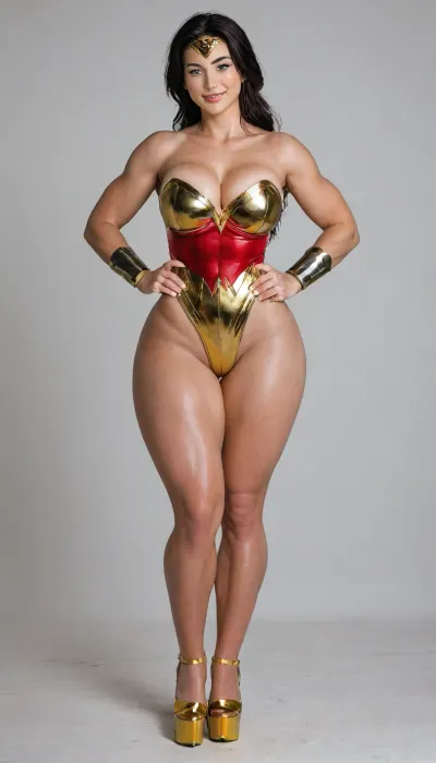 aidmaRealisticPeoplePhotograph, raw, lighting, overexposed, harsh, flash, score_9, score_8_up, score_7_up, score_6_up, lady is pretty korean girl, beautiful face, pale skin, fat cheeks, brown eyes, narrow shoulders, small feet, fake breasts, black long length hair, low ponytail, clenched fists on hips, (massive wide hips:1.3), (excessively bulky and muscular lower body:1.6), (muscular thighs:1.6), horny expression, (wicked smile:1.3), (cosplay, extremely sexy and short Wonder Woman costume), (she has golden high heeled golden platform:1.6), (huge number of extremely long erect cocks stand at floor surrounding her), (massive amount cum on breasts), full view, full body in picture, the whole body in picture, photorealistic, hdri, portrait, realistic, super real, hyper realistic, ultra realistic, ((perfect eyes)), ((Ultimate realistic photo details)), (((dynamic sexy pose))), (simple white background:1.6), detailxl, igbebe, <lora:SDXLHighDetail_v6-000005:.8>, <lora:Rawfully Stylish v0.2_epoch_20:.8>, <lora:MJ52:.8>, <lora:attractive_notrigger:.8>, <lora:IG_Babe:.8>