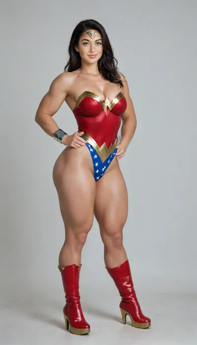 aidmaRealisticPeoplePhotograph, raw, lighting, overexposed, harsh, flash, score_9, score_8_up, score_7_up, score_6_up, lady is pretty korean girl, beautiful face, pale skin, fat cheeks, brown eyes, narrow shoulders, small feet, fake breasts, black long length hair, clenched fists on hips, (super slim upper body:1.4), (excessively bulky and muscular lower body:1.3), (massive muscular thighs:1.8), (thin hips:1.1), (thin calves:1.3), horny expression, (wicked smile:1.3), (cosplay, extremely sexy and short Wonder Woman classic suite, wonder woman tiara, Wonder Woman bracelets), (Wonder Woman boots, bright_red, knee-high, golden platform, golden high heels:1.3), full view, full body in image, the whole body in image, photorealistic, hdri, realistic, super real, hyper realistic, ultra realistic, ((perfect eyes)), ((Ultimate realistic photo details)), (((dynamic sexy pose))), (simple white background:1.6), detailxl, igbebe, <lora:SDXLHighDetail_v6-000005:.8>, <lora:Rawfully Stylish v0.2_epoch_20:.8>, <lora:MJ52:.8>, <lora:attractive_notrigger:.8>, <lora:IG_Babe:.8>