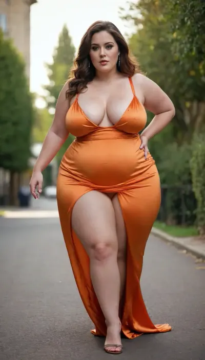 short chubby plump curvy pear shaped type woman, huge chested saggy brests, huge long puffy erect nipples, thick thighs, big hips, tiny waist, wearing a orange satin maxi dress, full body image