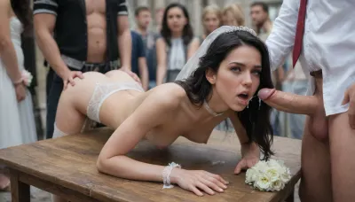 (Yennefer), college woman, (young woman:1.7), (youthful face:1.3), (petite:1.3), short, slim, slender, (tiny breasts), at wedding party, conservative white wedding dress, garter belt and sheer white stockings, (hands restrained:1.3), wedding bouquet, surprised, open mouth, (bend over table), (anal fucked by dirty older men), spitroasted, a cock in ass, a cock in mouth, loads of cum, deepthroat, (face overflowing with cum:1.7), huge cock, (3rd person), anal sex, (doggy style anal sex), rough anal sex, very deep anal penetration, hard fucking, outdoors, wedding guests watching, crowd of men, late afternoon, (torn and ripped clothes:1.3), detailed face, detailed hair, detailed body, detailed skin, detailed breasts, detailed very tight shaved pussy, (High, Resolution), (More, Details), (8K), (gangbanged:1.5), (crying:1.3), tears, smeared makeup, exposed breaststroke, exposed pussy, show deep anal, man chained up wearing tuxedo in background, crawling, hands and knees, restrained