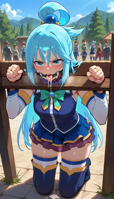 ring gag, pillory, small breasts, Look a viewer, angry, face covered cum, facial cum, kneeling, outdoor, Model, fully clothed, AquaXL, blue, eyes, hair, ornament, rings, single, ring, long, very, breasts, blush, medium, skirt, thighhighs, bow, bare, shoulders, detached, sleeves, white, zettai, ryouiki, aqua, (konosuba), kono, subarashii, sekai, ni, shukufuku, wo!, <lora:Aqua_XL2:.8>