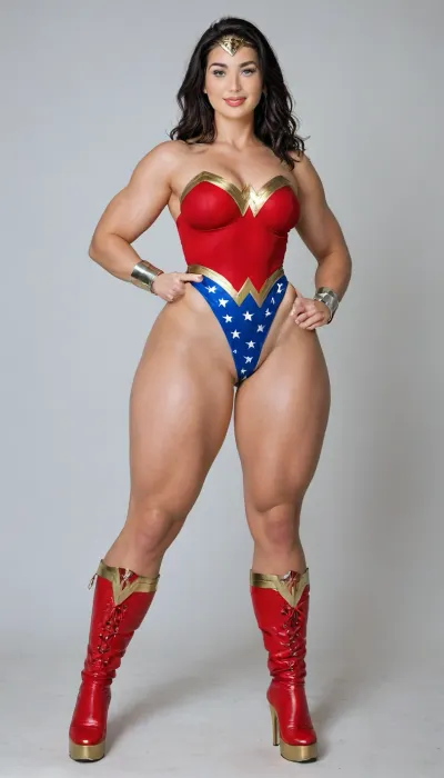 aidmaRealisticPeoplePhotograph, raw, lighting, overexposed, harsh, flash, score_9, score_8_up, score_7_up, score_6_up, lady is pretty korean girl, beautiful face, pale skin, fat cheeks, brown eyes, narrow shoulders, small feet, fake breasts, black long length hair, clenched fists on hips, (super slim upper body:1.4), (excessively bulky and muscular lower body:1.3), (massive muscular thighs:1.8), (thin hips:1.1), (thin calves:1.3), horny expression, (wicked smile:1.3), (cosplay, extremely sexy and short Wonder Woman classic suite, wonder woman tiara, Wonder Woman bracelets), (Wonder Woman boots, bright_red, knee-high, golden platform, golden high heels:1.3), full view, full body in image, the whole body in image, photorealistic, hdri, realistic, super real, hyper realistic, ultra realistic, ((perfect eyes)), ((Ultimate realistic photo details)), (((dynamic sexy pose))), (simple white background:1.6), detailxl, igbebe, <lora:SDXLHighDetail_v6-000005:.8>, <lora:Rawfully Stylish v0.2_epoch_20:.8>, <lora:MJ52:.8>, <lora:attractive_notrigger:.8>, <lora:IG_Babe:.8>