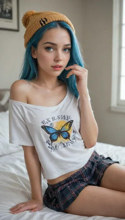 Portrait of a young tiny woman named Luna, 18 years old, (very petite), very small body, Skinny thin ultra lean body, (orgasmic seductive expression:1.3), orgasmface, highly attractive, (8.5/10), confident and stylish appearance, oval symmetrical face, large expressive light brown-green eyes with heavy eyeliner and long false eyelashes, small straight nose with a nose ring piercing, medium well-defined lips with a subtle playful smile, light smooth skin, long straight pastel blue hair, wearing a yellow knit beanie, white cropped t-shirt with cherub print, off shoulder shirt, short pleated plaid skirt up, butterfly tattoo on upper arm and ornamental tattoo on forearm, cutie sitting casually on a bed, holding a strand of hair, relaxed confident pose, invites you to insert it in her ass, anus stretched to the limit, maybe you want our ass?, alternative street style aesthetic, soft indoor lighting, high resolution, realistic photography, shallow depth of field, professional portrait. Stable Diffusion / Midjourney / SDXL.