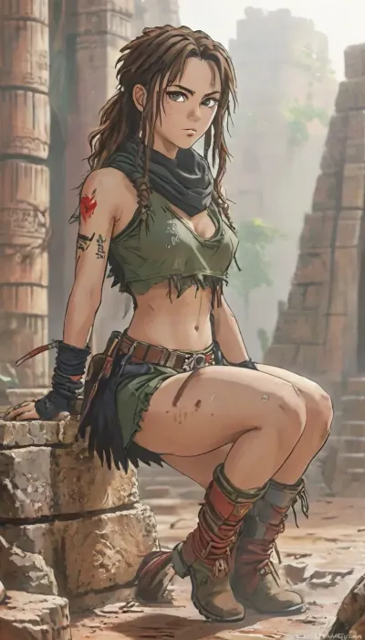 pussy showing, masterpiece, (best quality:1.5), full body portrait shot, cinematic, lean fit toned body, 21 years old adventurer, mexican-irish heritage, freckled heart-shaped face, freckles, green eyes, messy very Short Dark Brown hair, Single dreadlock, tactical combat outfit, black tanktop, small tits, olive green skirt, (black scarf), fingerless black gloves, leather straps around her thighs, high boots, belt with pockets, determined, dawn, (((squating)), on her knees, in front of a mayan temple, dramatic light, soft backlighting, soft shadows, (best image:1.5), <lora:MJ52:.8>), ((Hentai)), <lora:outline_xl_kohaku_delta_spv5x:1.2>, <lora:NEOTOKIOXL_0.2_RC:1.1>, <lora:Ppolar-P3v1-NbVp10:.8>, <lora:cartoon_stickers_xl_v1:.7>