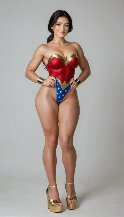 aidmaRealisticPeoplePhotograph, raw, lighting, overexposed, harsh, flash, score_9, score_8_up, score_7_up, score_6_up, lady is pretty korean girl, beautiful face, pale skin, fat cheeks, brown eyes, narrow shoulders, small feet, fake breasts, black long length hair, low ponytail, clenched fists on hips, (super slim upper body:1.1), (excessively bulky and muscular lower body:1.8), (muscular thighs:1.8), (thin hips:1.1), (thin calves:1.1), horny expression, (wicked smile:1.3), (cosplay, extremely sexy and short Wonder Woman suite), wonder woman tiara, Wonder Woman bracelets, (she has golden high heeled golden platform:1.6), full view, full body in picture, the whole body in picture, photorealistic, hdri, portrait, realistic, super real, hyper realistic, ultra realistic, ((perfect eyes)), ((Ultimate realistic photo details)), (((dynamic sexy pose))), (simple white background:1.6), detailxl, igbebe, <lora:SDXLHighDetail_v6-000005:.8>, <lora:Rawfully Stylish v0.2_epoch_20:.8>, <lora:MJ52:.8>, <lora:attractive_notrigger:.8>, <lora:IG_Babe:.8>