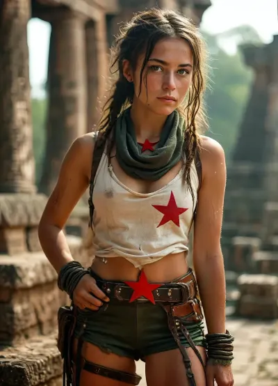 (((drinking goey milk)), white goo on her face, goo filament, (best quality:1.5), cinematic, lean fit toned body, 21 years old adventurer, mexican-irish heritage, freckled heart-shaped face, freckles, green eyes, messy very Short Dark Brown hair, Single dreadlock, tactical combat outfit, black tanktop, small tits, olive green skirt, (black scarf with a red star), fingerless black gloves, leather straps around her thighs, high boots, belt with pockets, determined, dawn, in front of a mayan temple, dramatic light, soft backlighting, soft shadows, (best image:1.5), <lora:MJ52:.8>)